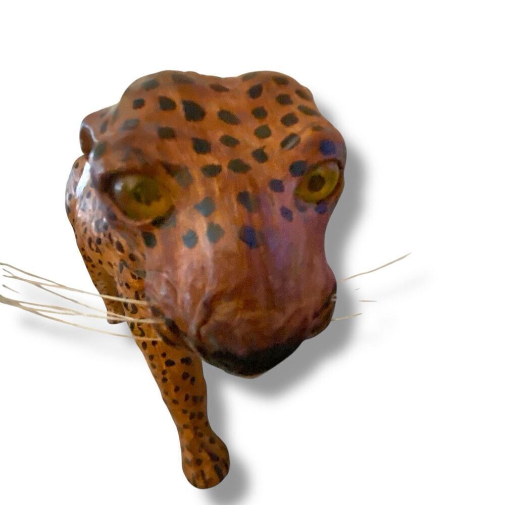 Vintage Leather Wrapped Leopard Cheetah Cat Glass Eyes 16”L x 10” Shelf Style - Picture 6 of 9
